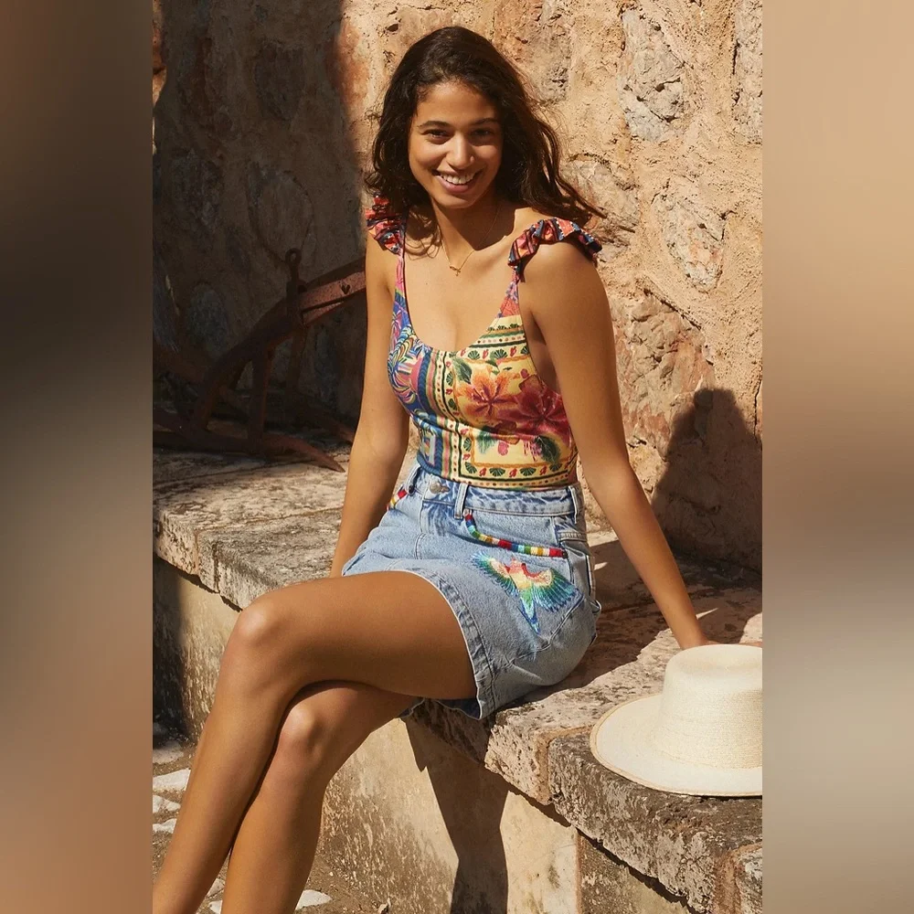 NWT Farm Rio Embroidered Denim Mini Skirt Tropical Colorful Boho Vacation Beach - Picture 8 of 13